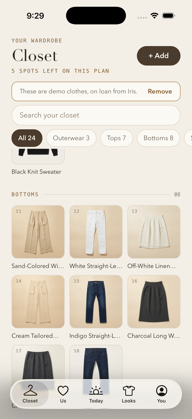Closet — every garment as a clean catalog shot